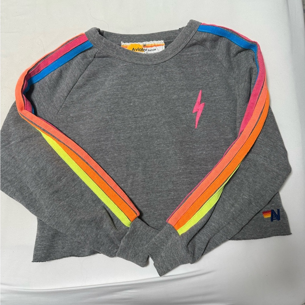 Aviator Nation Gray Sweatshirt with Neon Rainbow Sleeves